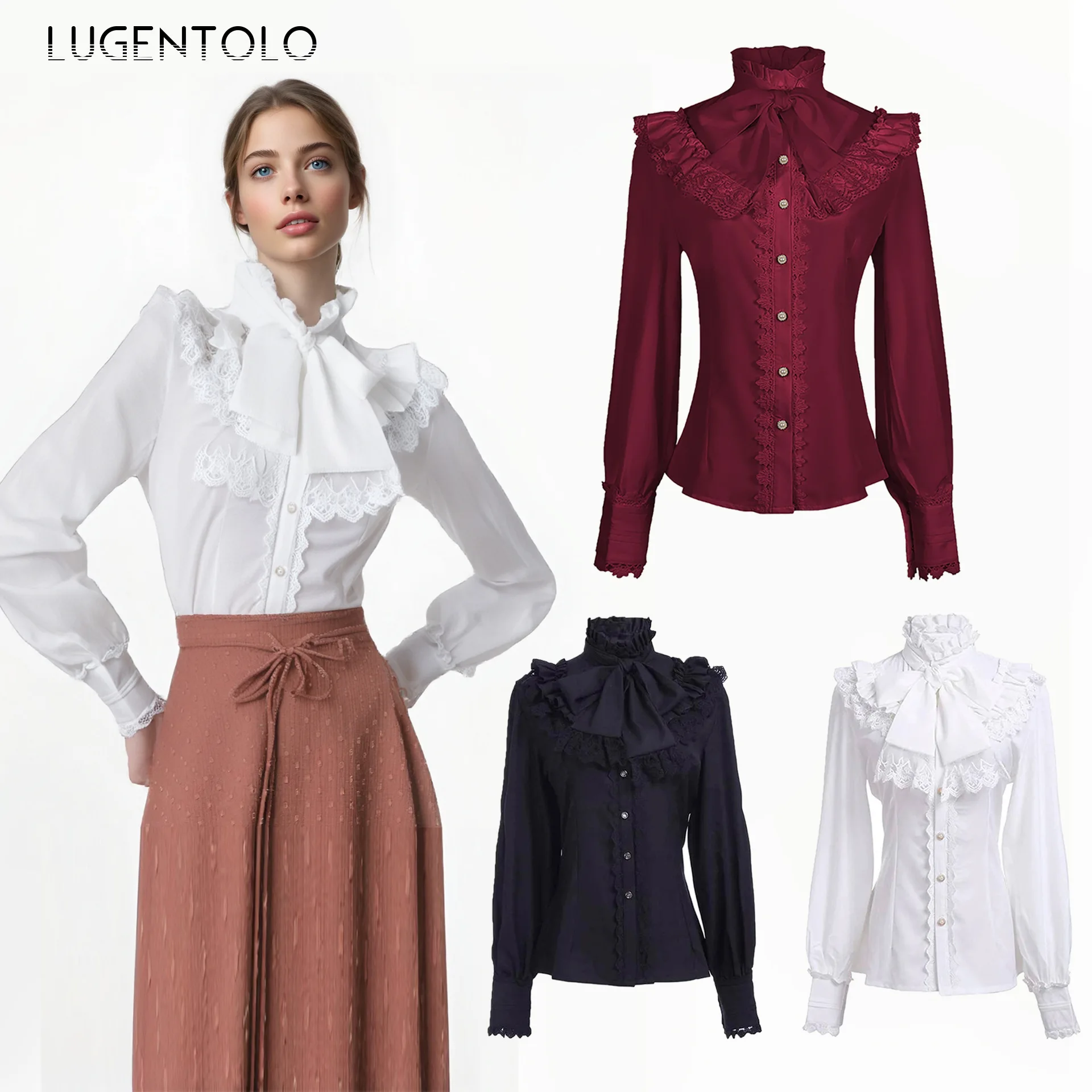 Women Gothic Shirts Lolita Medieval Folds Lace Bow Long Sleeve Top Female Victorian Retro Casual Renaissance Party Slim Blouses