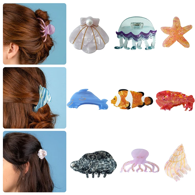 Clipe de cabelo Starfish para mulheres e meninas, medusa Hairclaw, medusa Shell Hairpin, acetato dos desenhos animados, presente da jóia do cabelo, bonito, 1pc