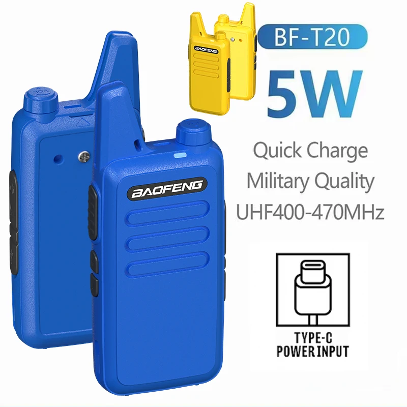 2PCS Baofeng BF-T20D Mini Walkie Talkie 5W USB-C Charge 1500mAh Portable Two Way Radio Upgrade of BF-C5 for Hunting Child\'s Gift