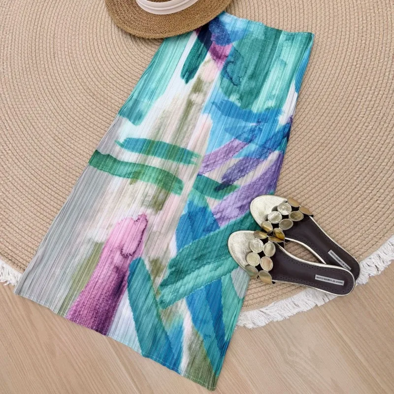 Miyake Pleated 2026 Original Spring Summer New Printed Straight Skirt Elastic Waist Fresh Pleated Fashion Sweet Skirt for Women