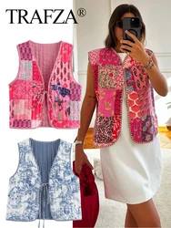 TRAFZA Women Printed Sleeveless Cotton Vest 2024 Female Fashion Drawstring Embellished Printed Waistcoat Streetwear Casual Tops