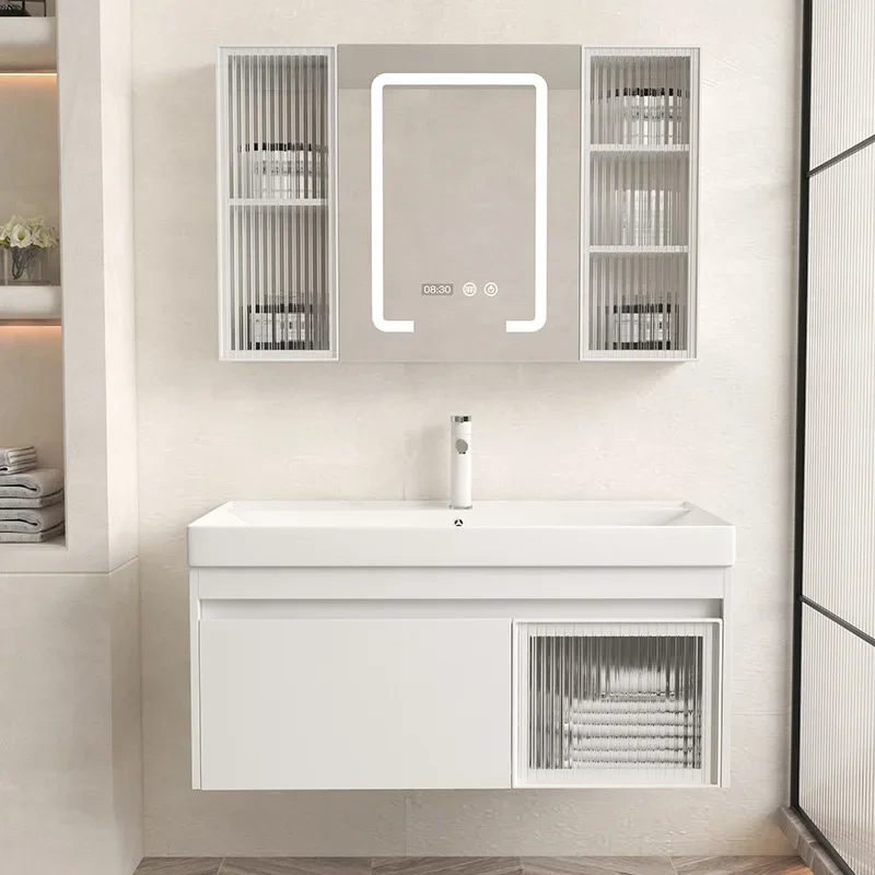 Multi-layer solid wood bathroom cabinet white combination wall-mounted wash basin toilet wash face