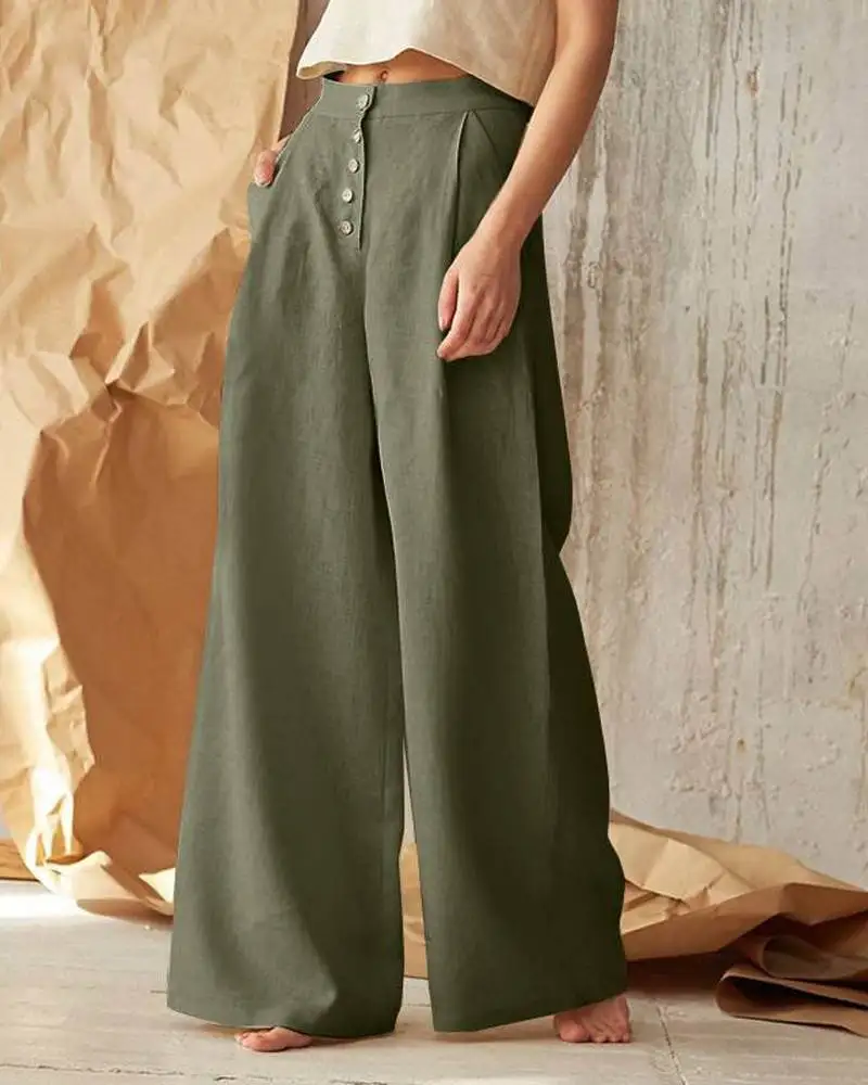 여성용 루즈 와이드 레그 코튼 린넨 캐주얼 바지 하이웨이스트 롱 팬츠 여성 슬라스 패셔너블 출퇴근 슬레 비대칭