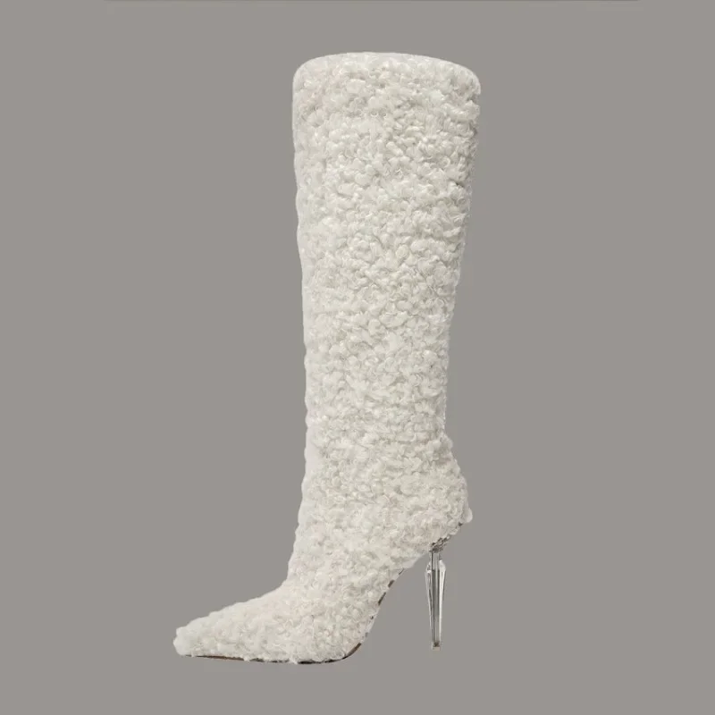 Black white suede leather simple knee length boots 2024 new women's autumn winter fashion crystal high heels boots size 35-46