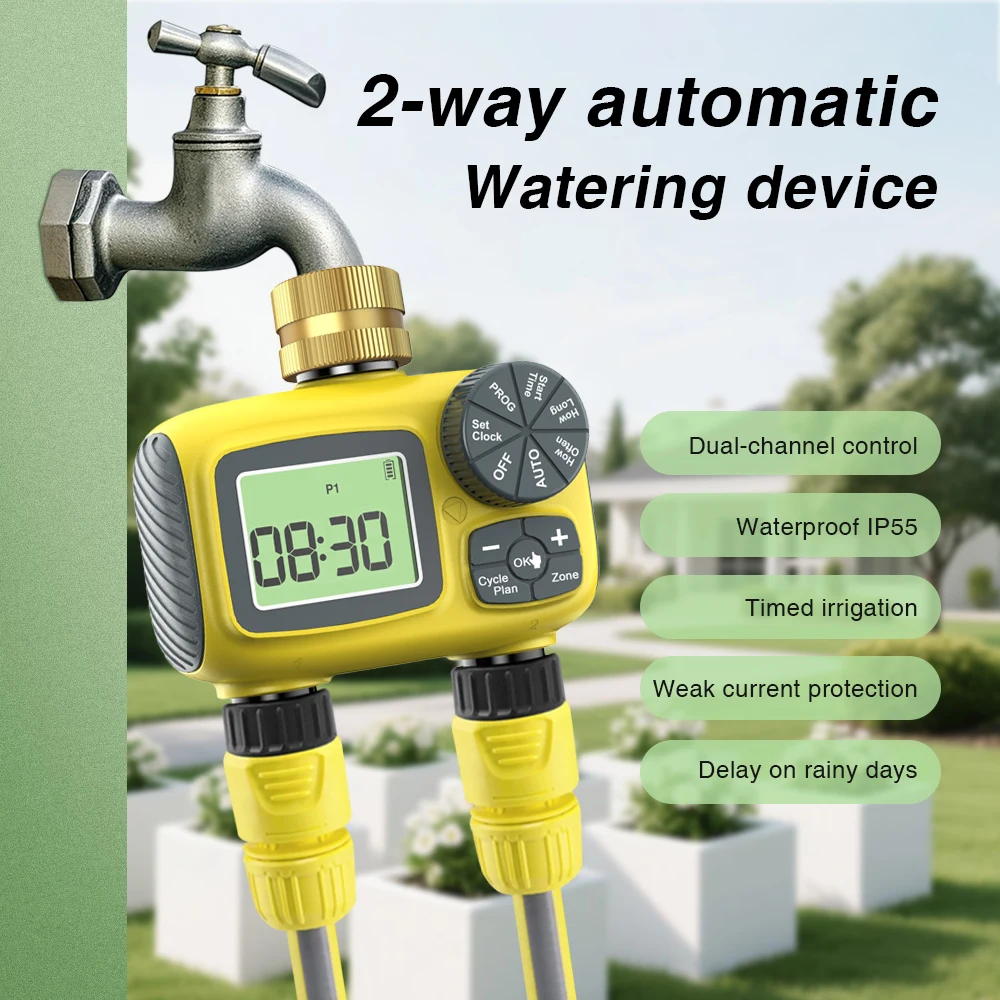 LCD Display Irrigation Water Timer 2 Zone Irrigation Programmer Flower Garden Watering Control System Automatic Smart Timer