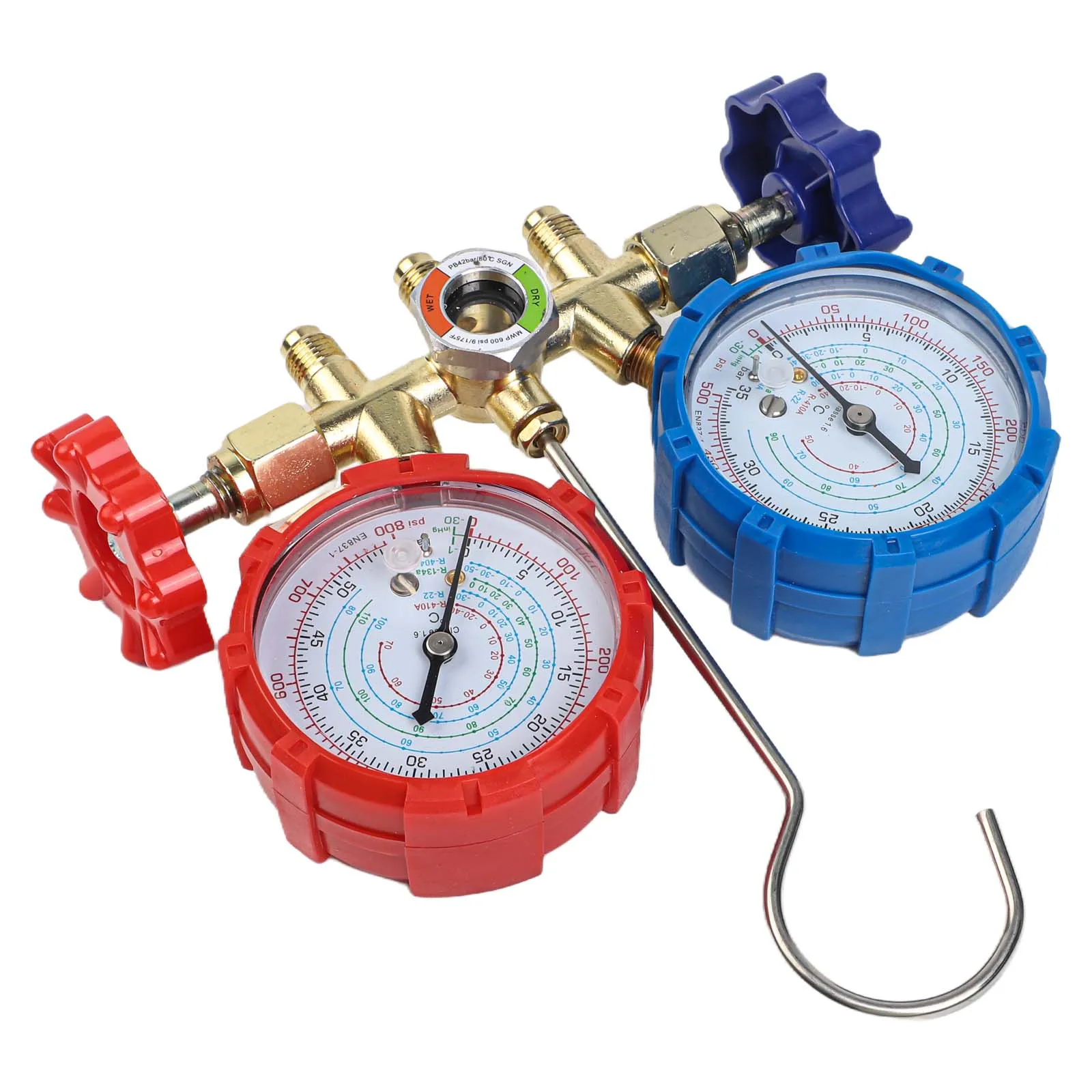 Automotive HVAC Manifold Gauge Kit with Dual Analog Gauges Adjustable Fittings and Fluoride Hoses for R410a Systems