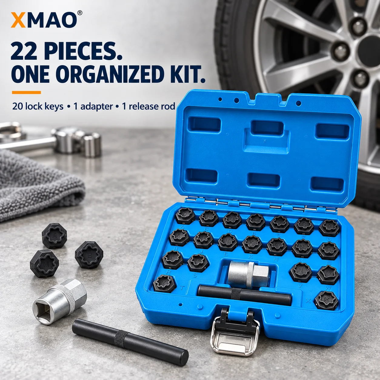 XMAO 22PCS Locking Wheel Bolt Socket Set for BMW Audi, Wheel Lock Key Kit with 20 Profiles, Adapter, Release Rod and Carry Case