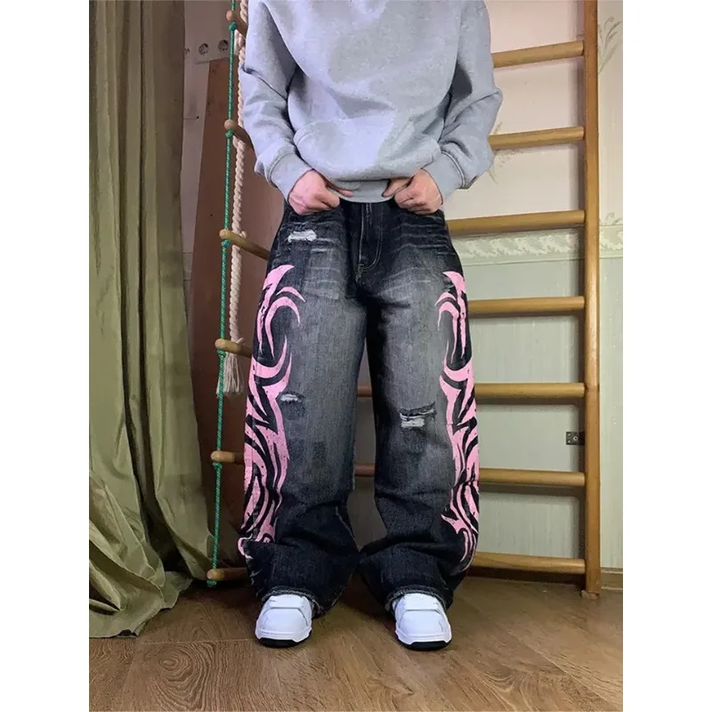 Deeptown Y2k Vintage Gothic Graphic Print Women Jeans Harajuku Washed Hole American Fashion Denim Pants Baggy Punk Streetwear