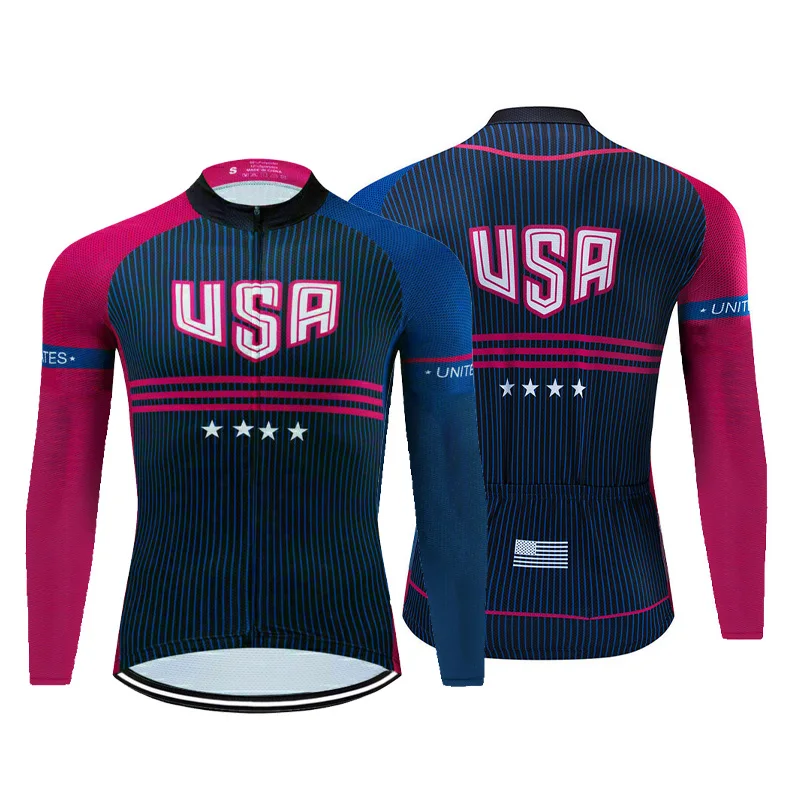 Men Pro Cycling Jersey Bicycle Ride Jacket Racing USA Ciclismo Long Sleeve Bike MTB Shirt Sport Clothes American National States