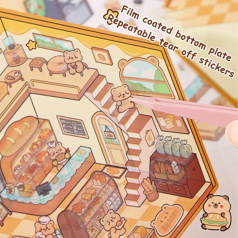 1Set Cute Cartoon Handmade DIY Landscaping Stickers Scene Stacking Pasting Stickers Creative 3D Simulation Cabin Stickers