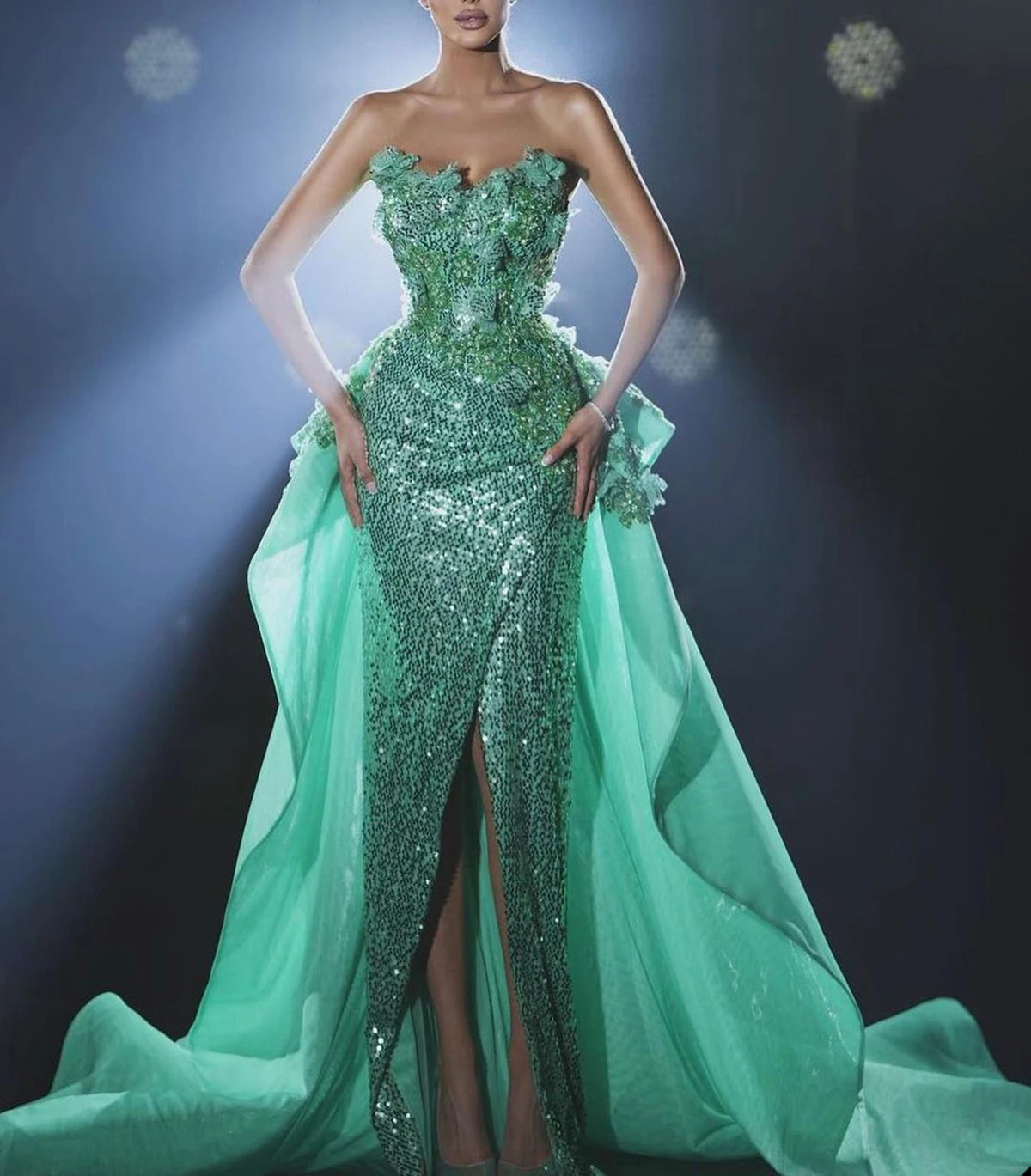 Green Illusion Evening Dresses With Hem Strapless Party Prom Dress Sexy Mid-Split Robe De Soirée Custom Made