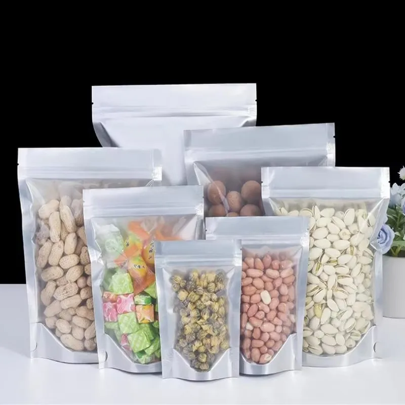1000Pcs Thick Clear Front Back Silver Aluminum Foil Ziplock Packaging Bag Stand up Frosted Plastic Heat Sealing Pet Food Pouches