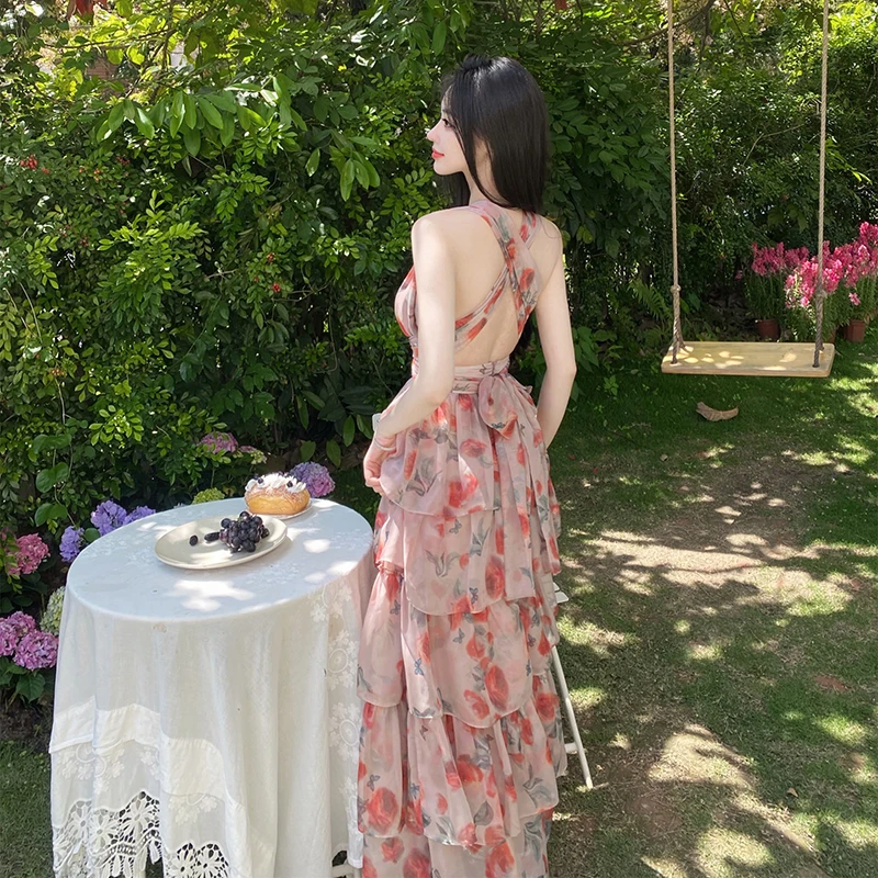 Super Fairy Backless Beach Vacation Long Dress Women's Sand Beach Skirt Sanya Travel Clothing Bohemian Sle High Waist Cake ...