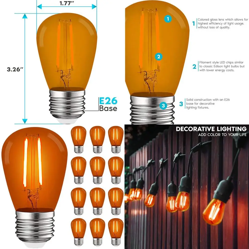 6 عبوات من مصابيح LED برتقالية 0.5 وات، مدرجة في قائمة UL، قاعدة E26، مناسبة لأضواء سلسلة داخلية وخارجية، مثالية للزينة، P