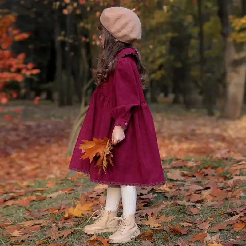 Retro England Lace-Trim Peter Pan Collar Corduroy Dress For Girls 2025 Autumn Winter New Long-Sleeve Fleece-Lined Warm Dresses