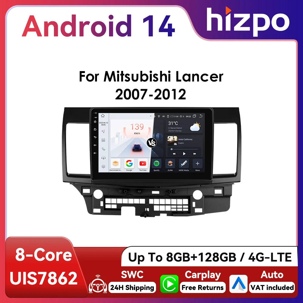 Hizpo 2Din 10.1inch Android Auto Car Radio for Mitsubishi Lancer 2007 - 2012 Navigation GPS RDS DSP SWC 4G CarPlay UI7862 Stereo