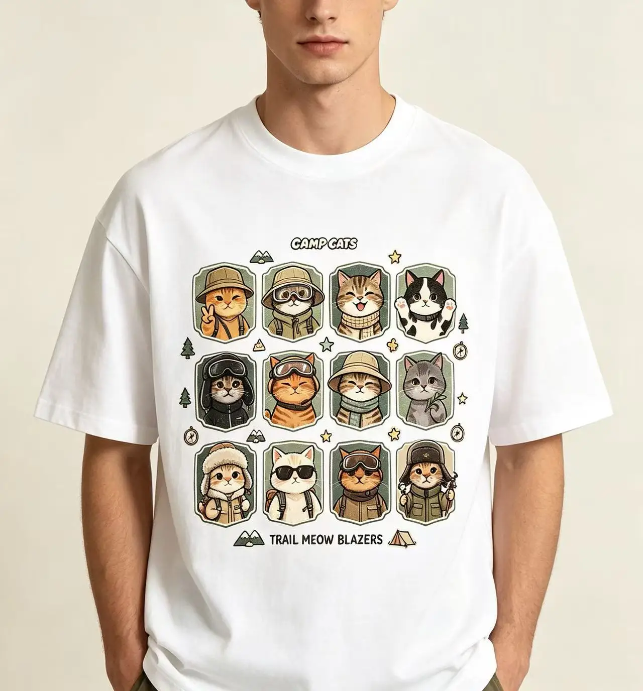 Unisex Camp Cats Trail Meow Blazers Camping Kitten Grid Portrait Graphic T Shirt Men Women Cute Outdoor Cat Print Oversized Crew Neck Cotton Top view 2
