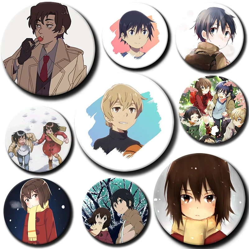 

Japanese Anime Erased Round Brooch Badge Creative Cartoon Character Satoru Fujinuma Kayo Hinazuki Enamel Pin Clothes Accessories
