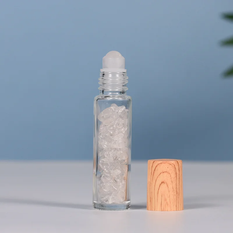 10ml Natural Gemstone Jade Roller Bottle Plastic Wood Grain Lid Refillable Essential Oil Bottle