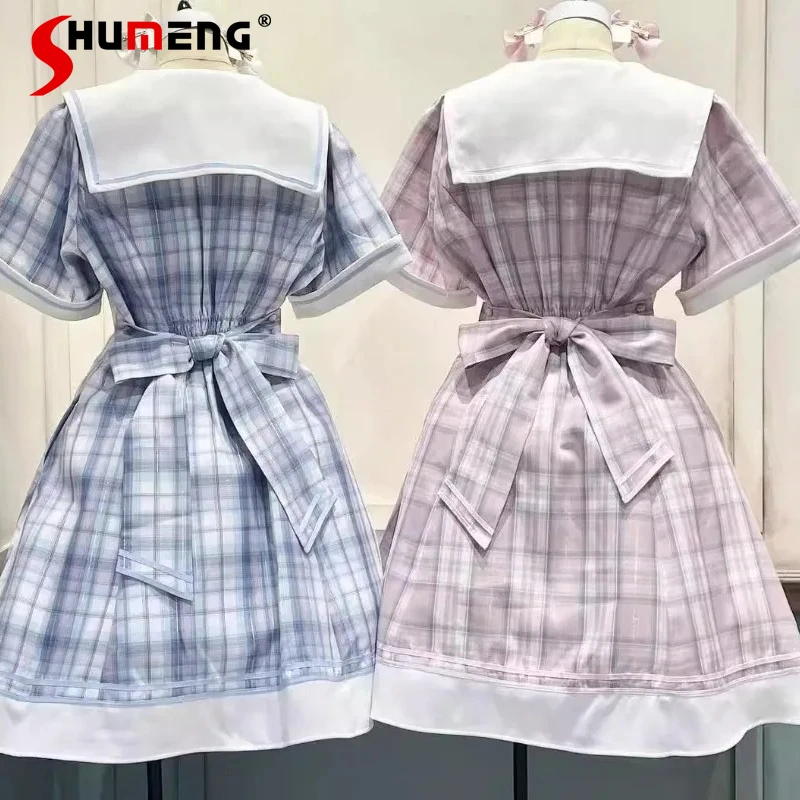 

Japanese Rojita Preppy Style Y2k Dresses Embroidered Vestidos Double-breasted Slim-fit Lapel Short Sleeves Kawaii Dress Ladies