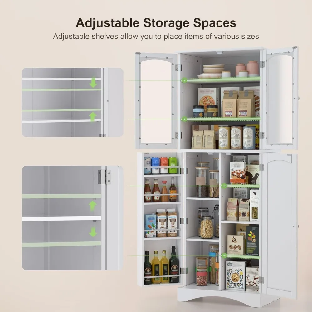 

64 Kitchen Pantry Cabinet, Tall Storage Cabinet with Glass Doors and Adjustable Shelves, Freestanding Floor Cabinet
