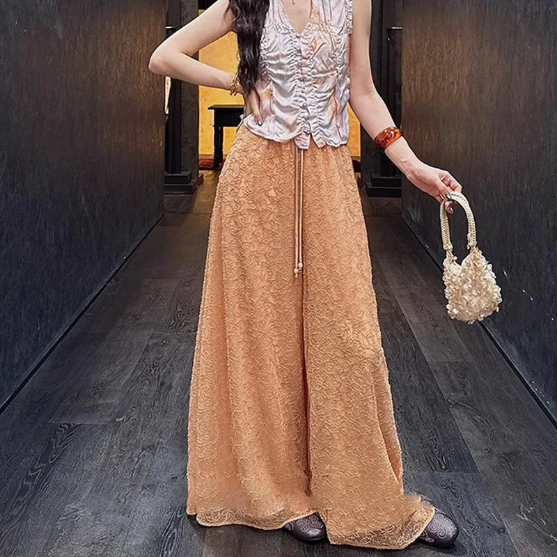 

Beaded Rope Embroidered Double-layer Hanging Wide-leg Pants 2025 Summer New Style