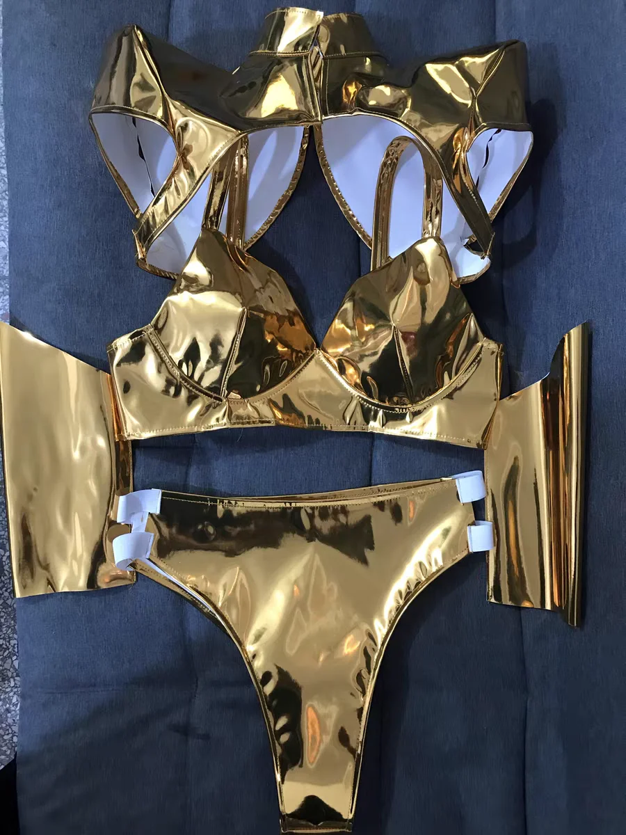 Gold And Silver Shiny Leather Three-dimensional Shoulder Split Set Bar Nightclub Female Singer Dance Team Sexy Stage Clothing