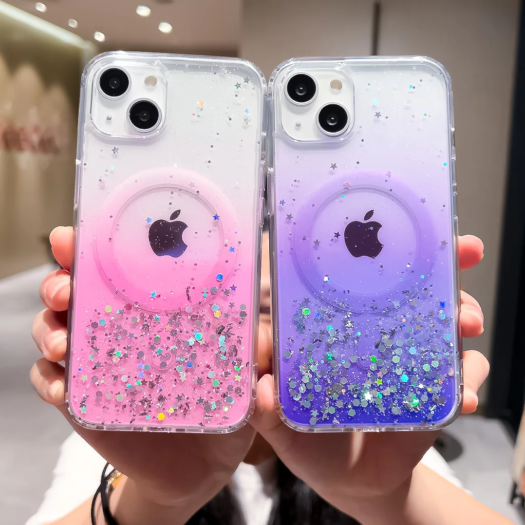 Luxury Wireless Charging Magsafe Glitter Transparent Phone Case For iPhone 11 12 13 14 Pro Max XS X XR 7 8 Plus Mini Soft Silico