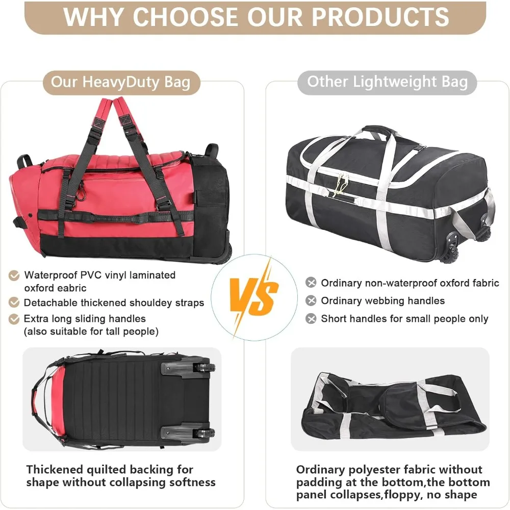 أمتعة بعجلات قابلة للطي سعة 86 لتر مع أشرطة حقيبة ظهر، حقيبة واق من المطر مقاومة للماء، قاعدة مبطنة، بدون تلفزيون، أساسية للسفر