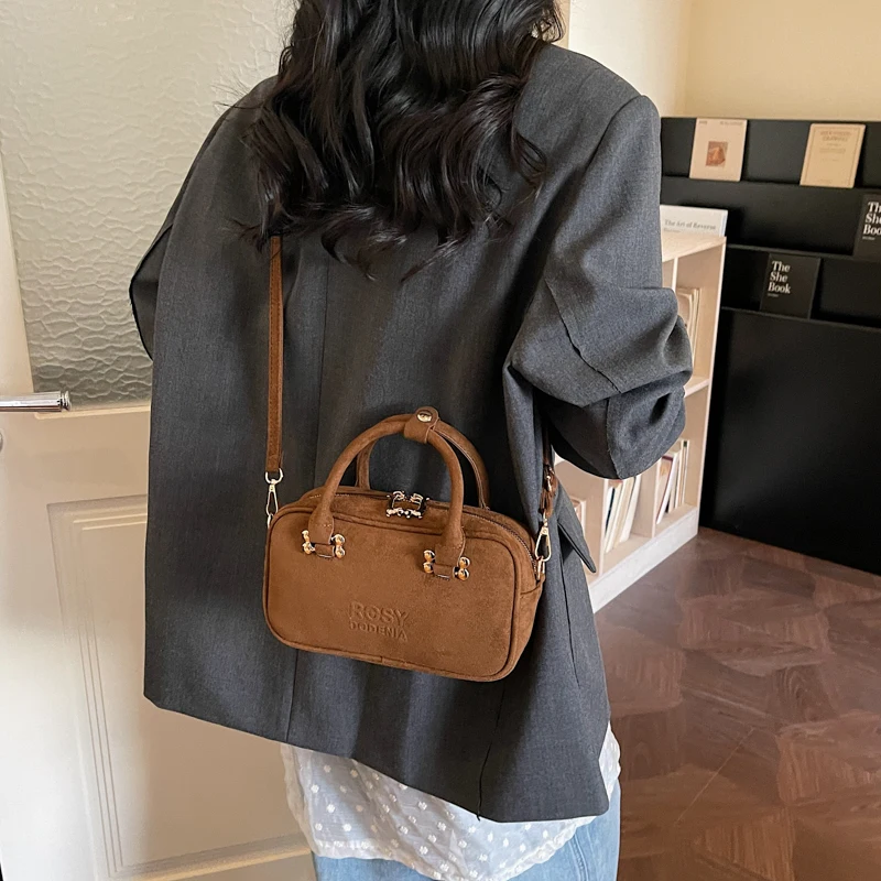 Stylish Design Suede PU Boston Square Bags for Women Korean Style Crossbody Shoulder Bag Small Zipper Handbag with Short Handle