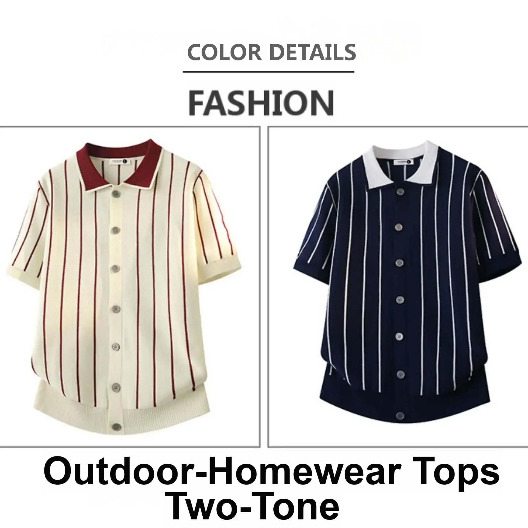

Men Summer Striped Two-Tone Knit Casual Polo Shirt Short-Sleeve Lapel Cardigan Shirt Comfort British Style Outdoor-Homewear Tops