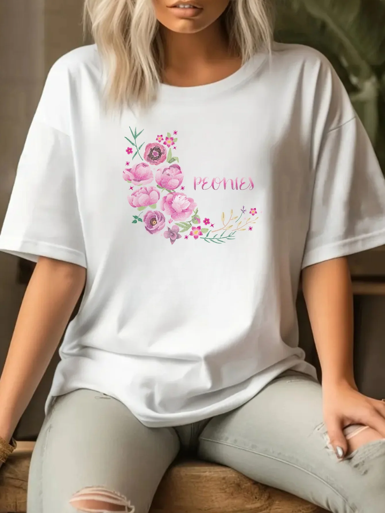 1 قطعة المرأة الجديدة الحرفية فو المطرزة الأزهار الأبجدية تي شيرت مطبوع آلة قابل للغسل عادية قطرة مستديرة الكفة