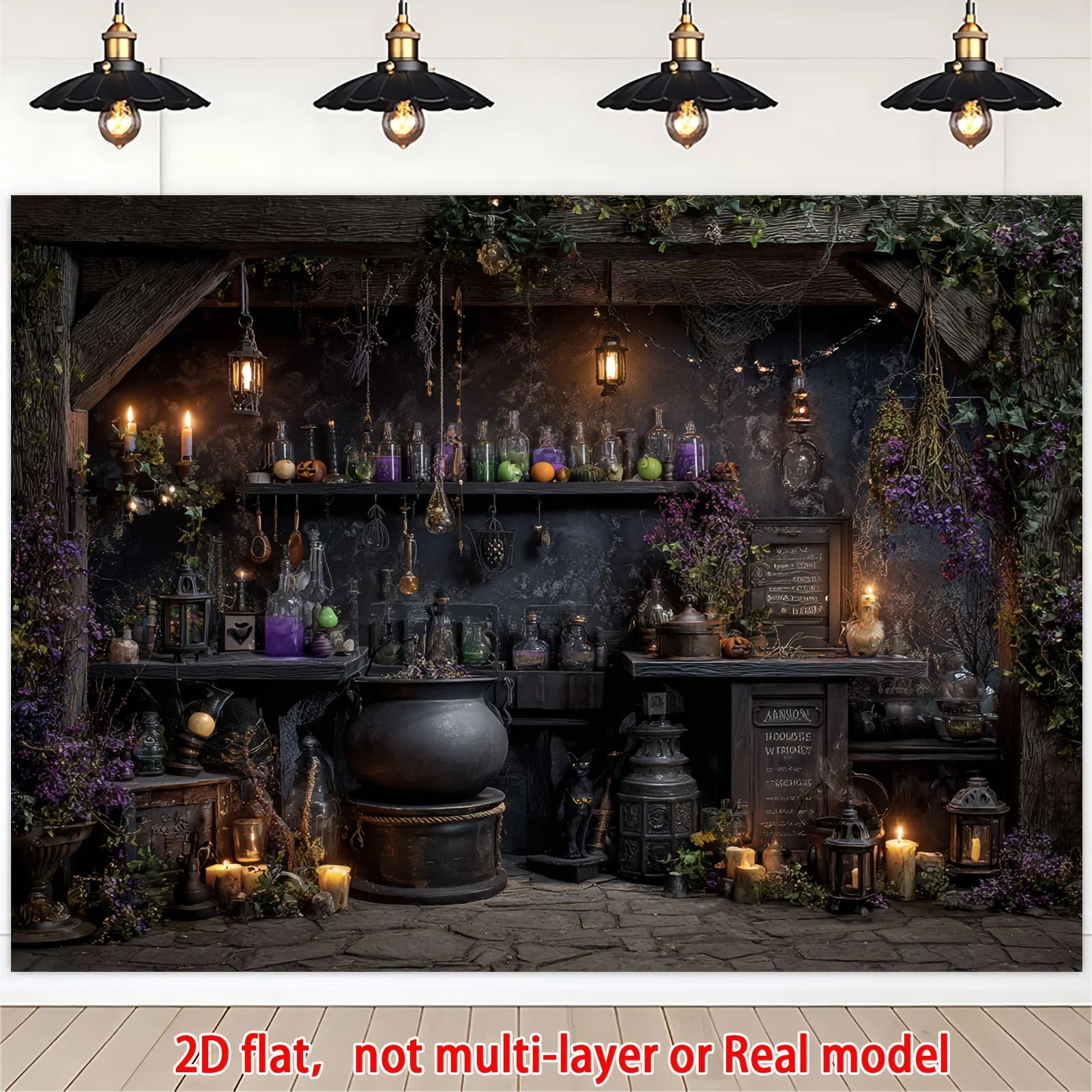 2D flat, 1 piece Halloween witch kitchen background - evil witch hut with boiler, potion bottle and lantern