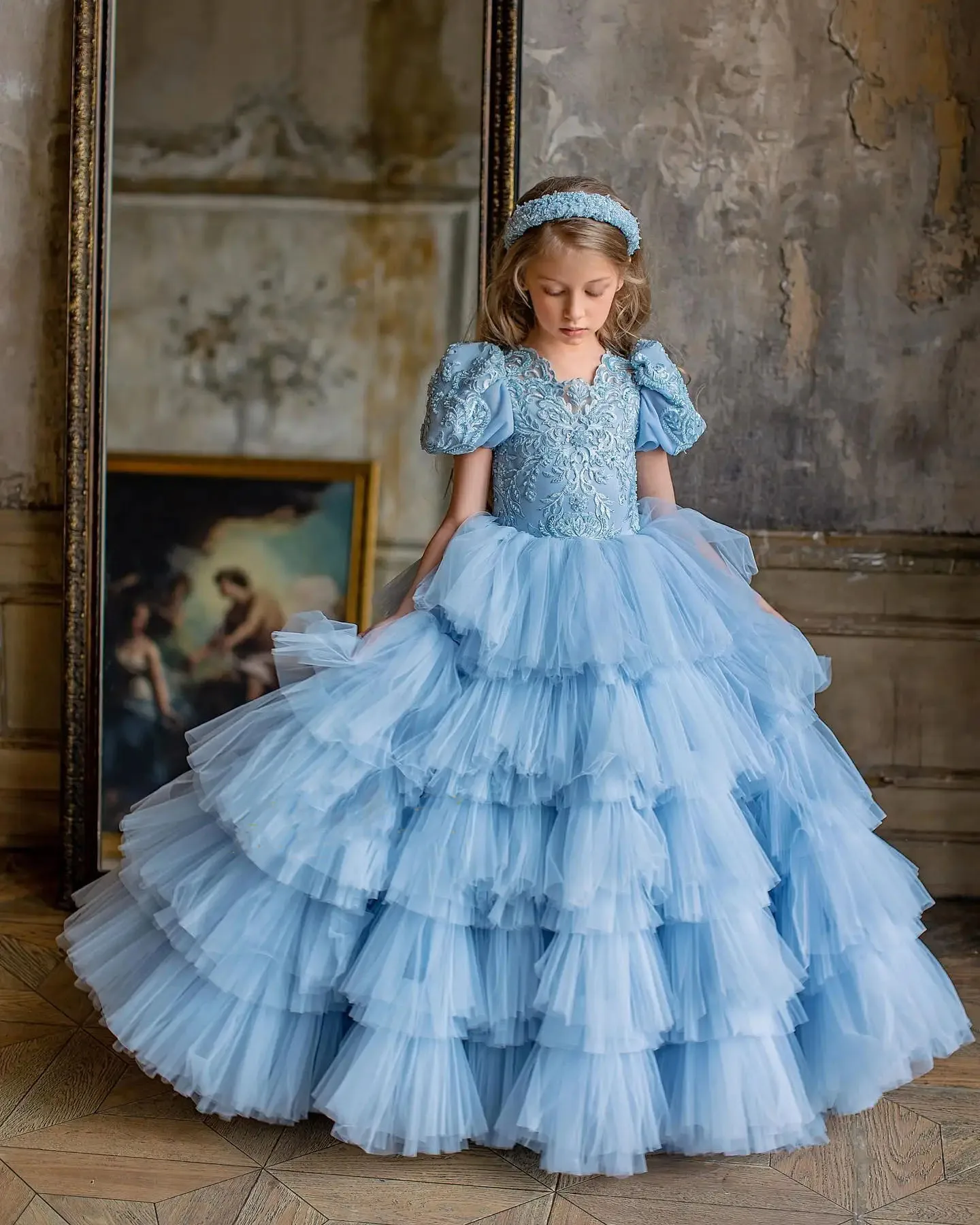 

Lace Flower Girl Dresses Sky Blue/Pink Puffy Tulle Layered O-neck Kids First Communion Pageant Dress Birthday Party Ball Gowns