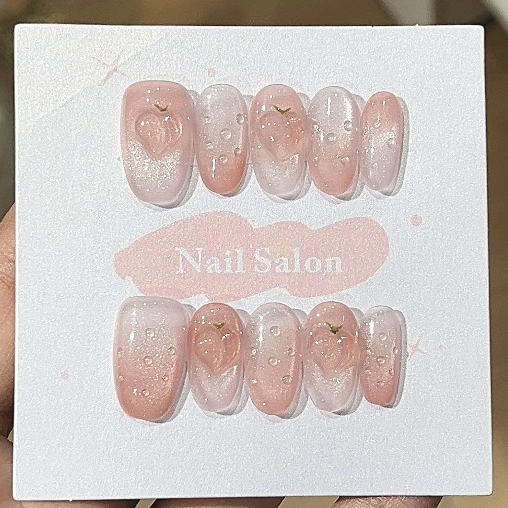 

10 шт. накладных ногтей Sweet 3D Peach с розовым градиентом и эффектом кошачьего глаза, многоразовые, для весны и лета, для женщин