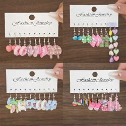 Small Fresh Colored Resin Animal Pendant Earrings, 5 Pair Set, Sweet and Cute Flower Butterfly Milk Tea Earrings, Female