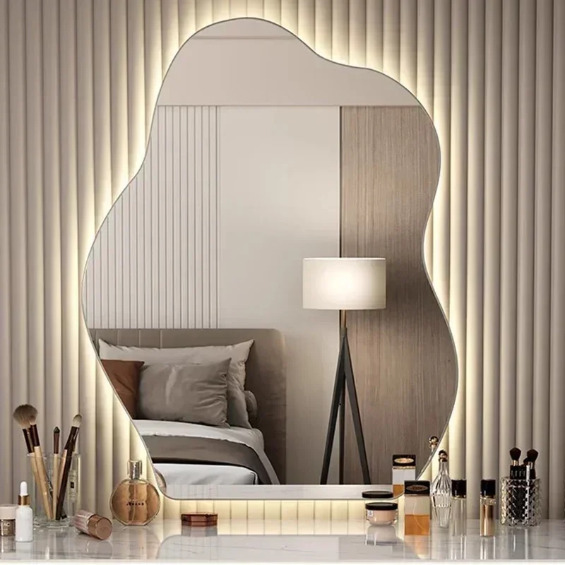 LED Mirror Vanity Wall Mounted Dimmable Touch Sensor Lighted Mirror for Living Room Modern Aesthetic Unique Design Home Decor