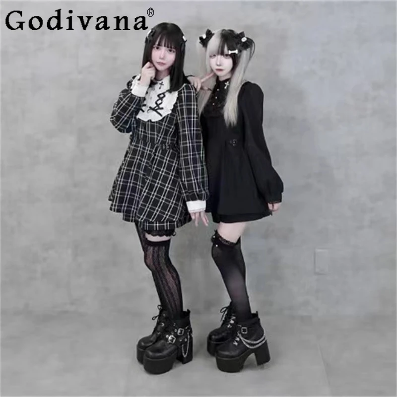 Otoño nueva subcultura gótica niñas dulce vestido fresco pantalones cortos conjunto de 2 piezas mina japonesa producida en masa vestido de manga larga conjunto de pantalones cortos