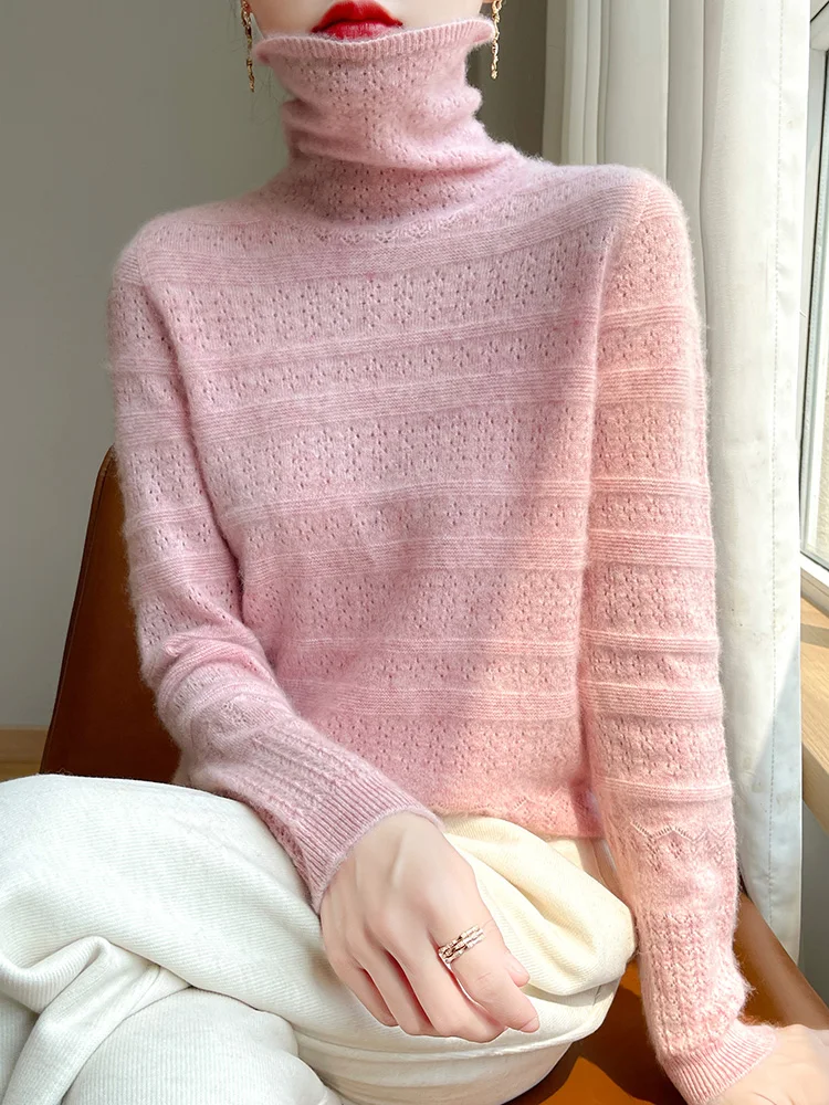 New pile-up collar bottoming shirt in autumn and winter women's seamless integrated sweater hollow thickened cashmere sweater