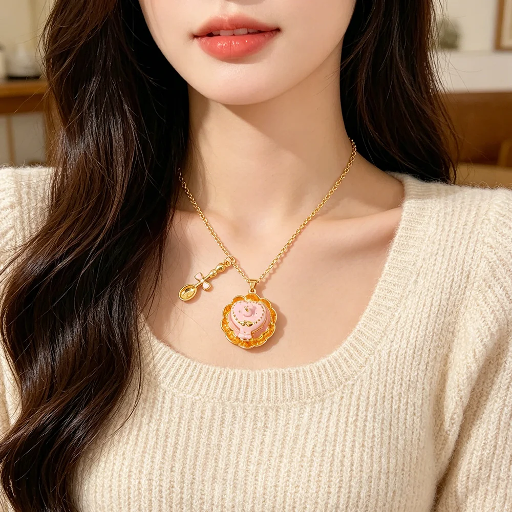 Fashion Cup Teaspoon Box Open Pendant Necklace Clavicle Chain Enamel Sweet Girl Birthday Gift Necklace Accessories MOM Necklace view 5