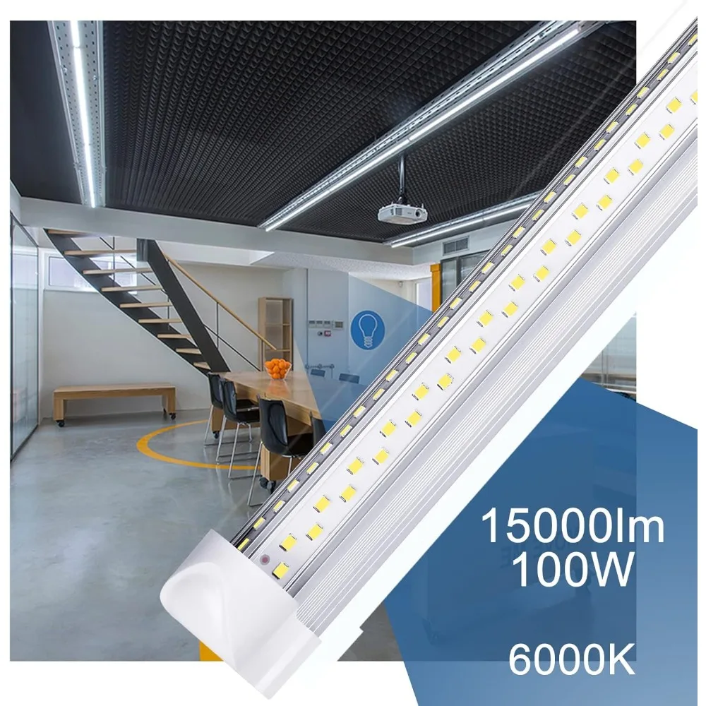 مصباح متجر LED 8 أقدام 100 وات، 15000 لومن، ضوء نهاري 6500 كلفن، قابل للربط، مكون إضافي، على شكل حرف V، أنبوب 96 T8 LED، مناسب للكراجات