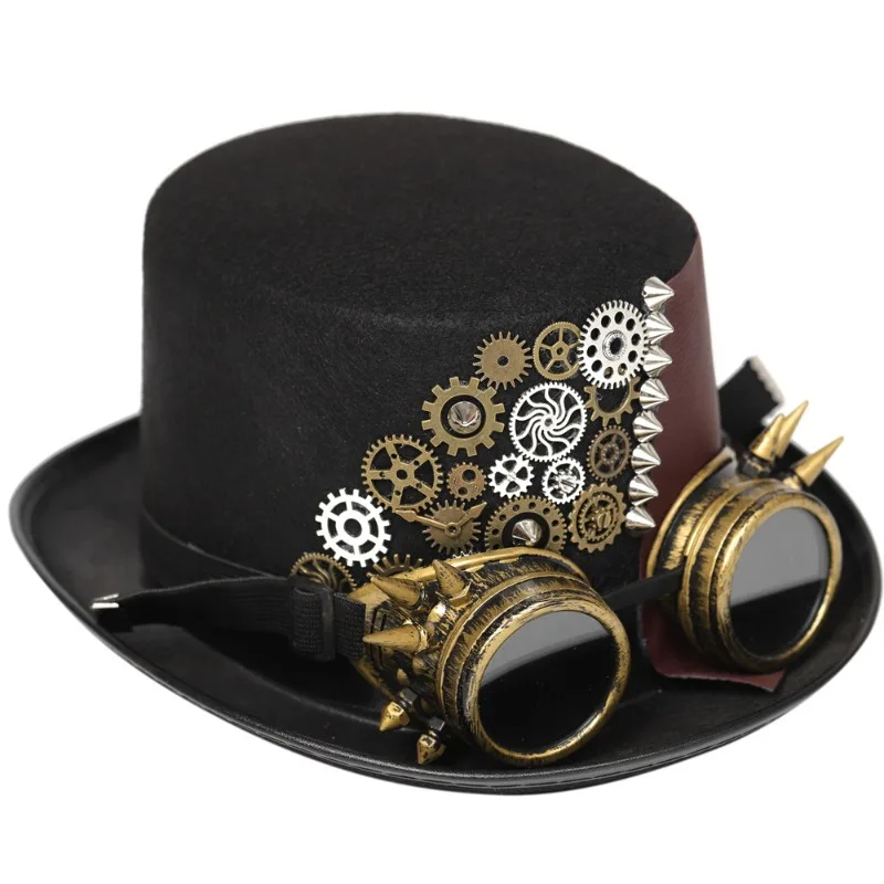 

Gothic Steampunk Hat with Goggles PU Leather Vintage Top Hat for Costume
