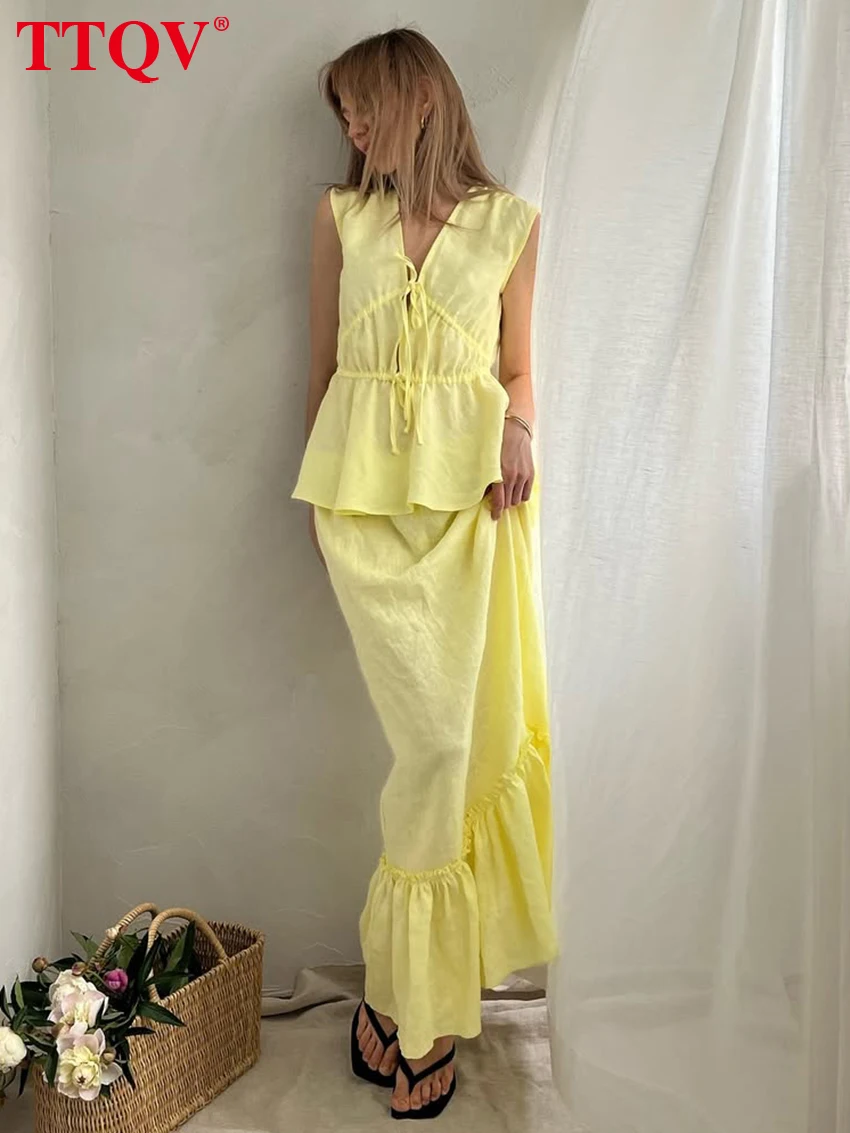 

TTQV Summer Loose Yellow Cotton 2 Piece Set Women Fashion Sleeveless Tank Top With High Waist Long Skirt Set Female Streetwear