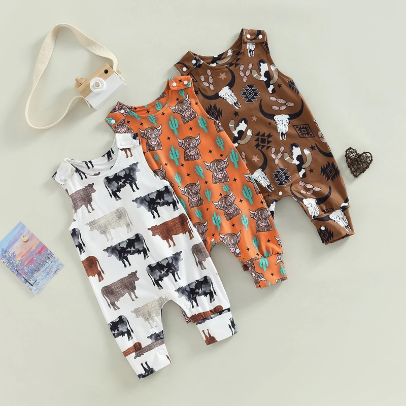 Western Baby Boy Girl Clothes Cow Print Jumpsuit Sleeveless Boots Pattern Button Romper Summer Kids Boys Clothes