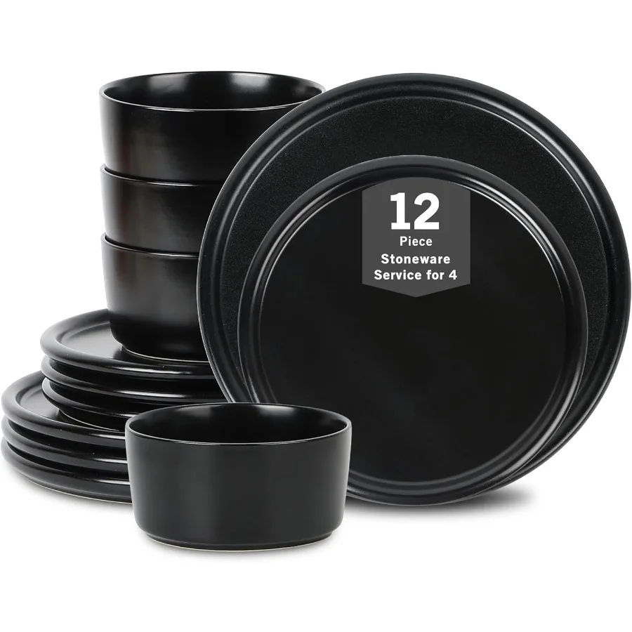 

Eden 12Piece Dinnerware Set Stoneware Plates and Bowls Set Dishwasher and Microwave Safe Dish Dish Set for 4 Black