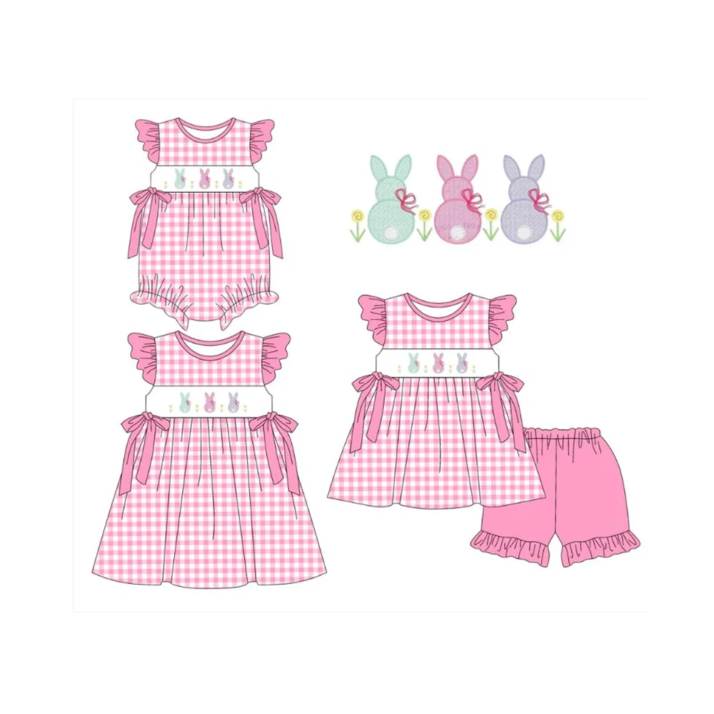 

Оптовый комплект детской одежды: ромпер, платье с жемчугом и шорты с кроликом для девочек, на Пасху, бутик-коллекция