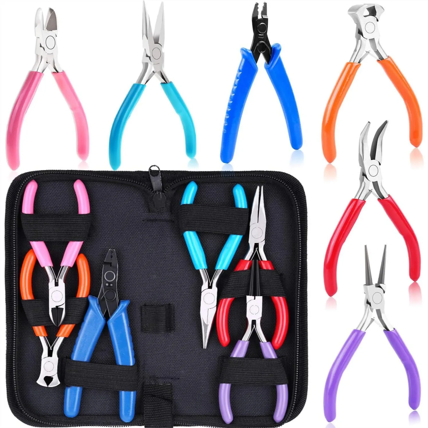 Jewelry Making Tools Kit: 6pc Set with Needle Nose, Wire Cutters, Crimper & End Nippers for Beading and Craft