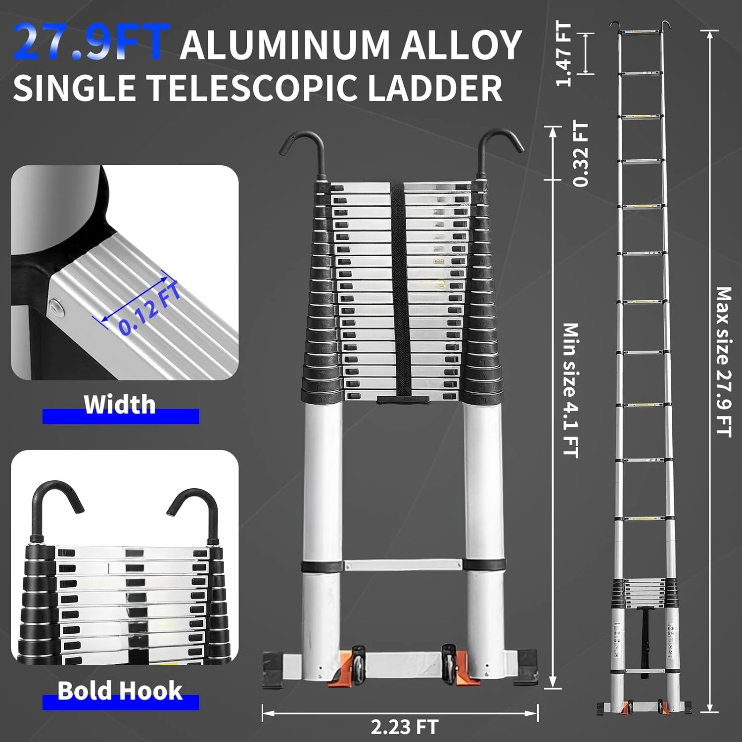 Telescoping Ladder,27.9 FT Extension Ladder,Aluminum Lightweight Telescopic Ladder with 2 Triangle Stabilizers