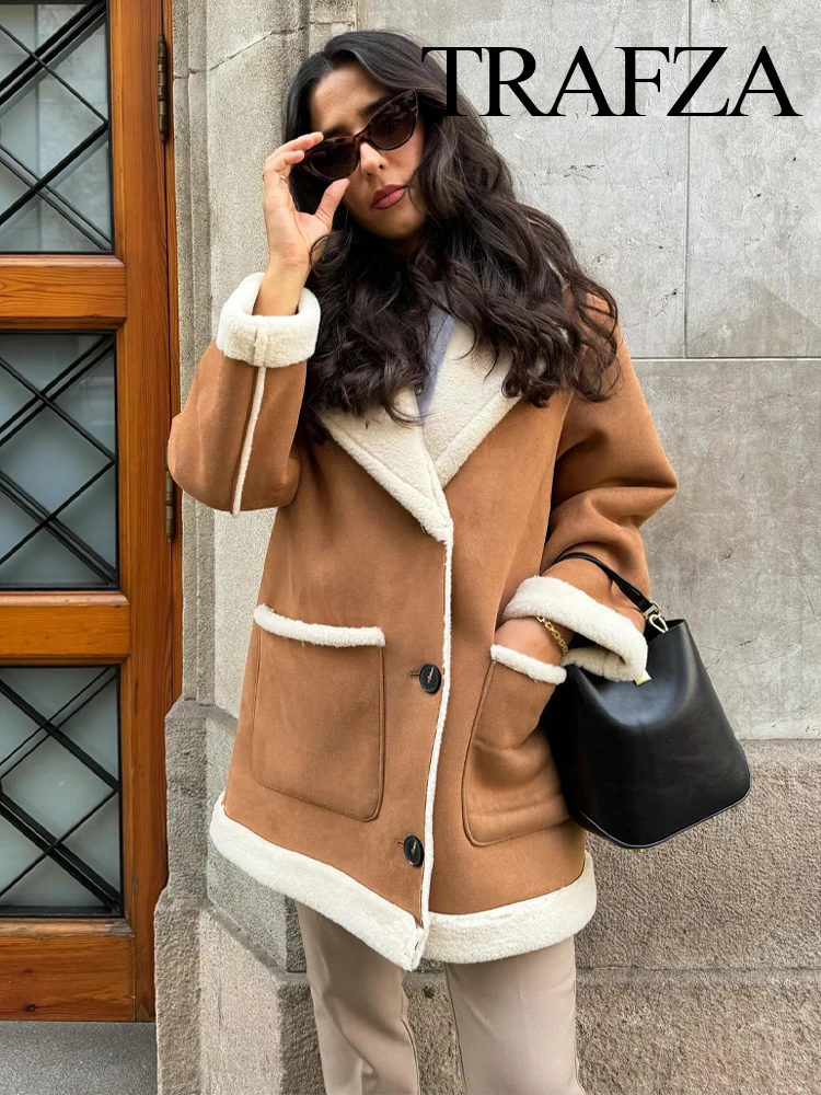 TRAFZA Women Casual Warm Coats Solid Color Turn-Down Collar Long Sleeves Pockets Single Breasted Woman Vintage Winter Coats