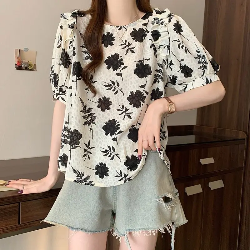 Fashionable Folds Spliced Blouse Summer Vintage Floral Printed Women's Clothing Loose O-Neck Casual Backless Drawstring Shirts